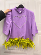 Maglia Crystal crop cuore chiuso con piume