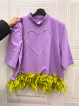 Maglia Crystal crop cuore chiuso con piume