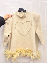 Maglia Crystal crop cuore chiuso con piume