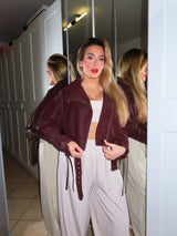 Giacca chiodo in ecopelle vellutata con stringhe, vinaccio