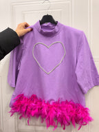 Maglia Crystal crop cuore chiuso con piume