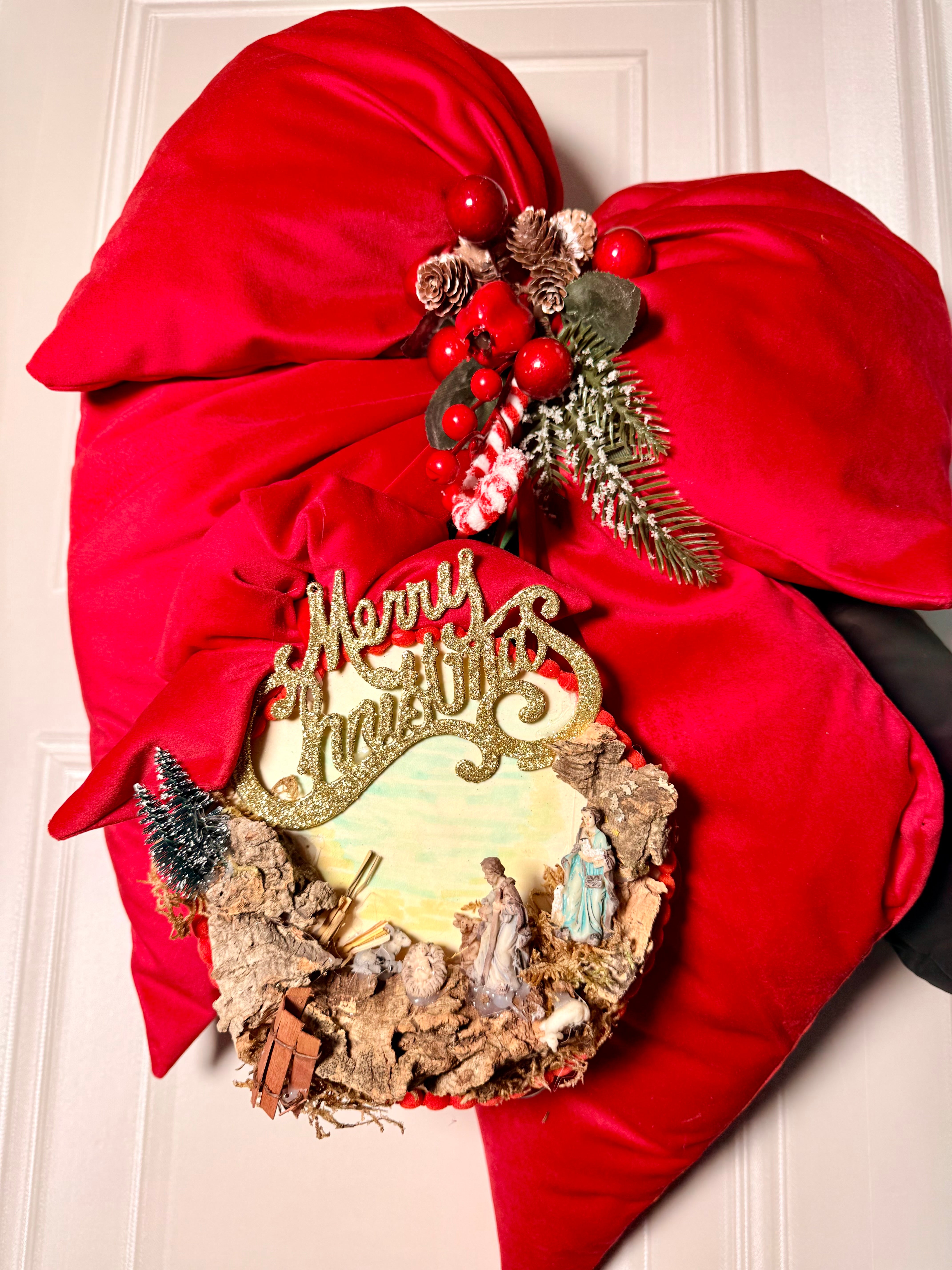 Fiocco decorativo per puntale albero o fuori porta con tamburello decorato a mano