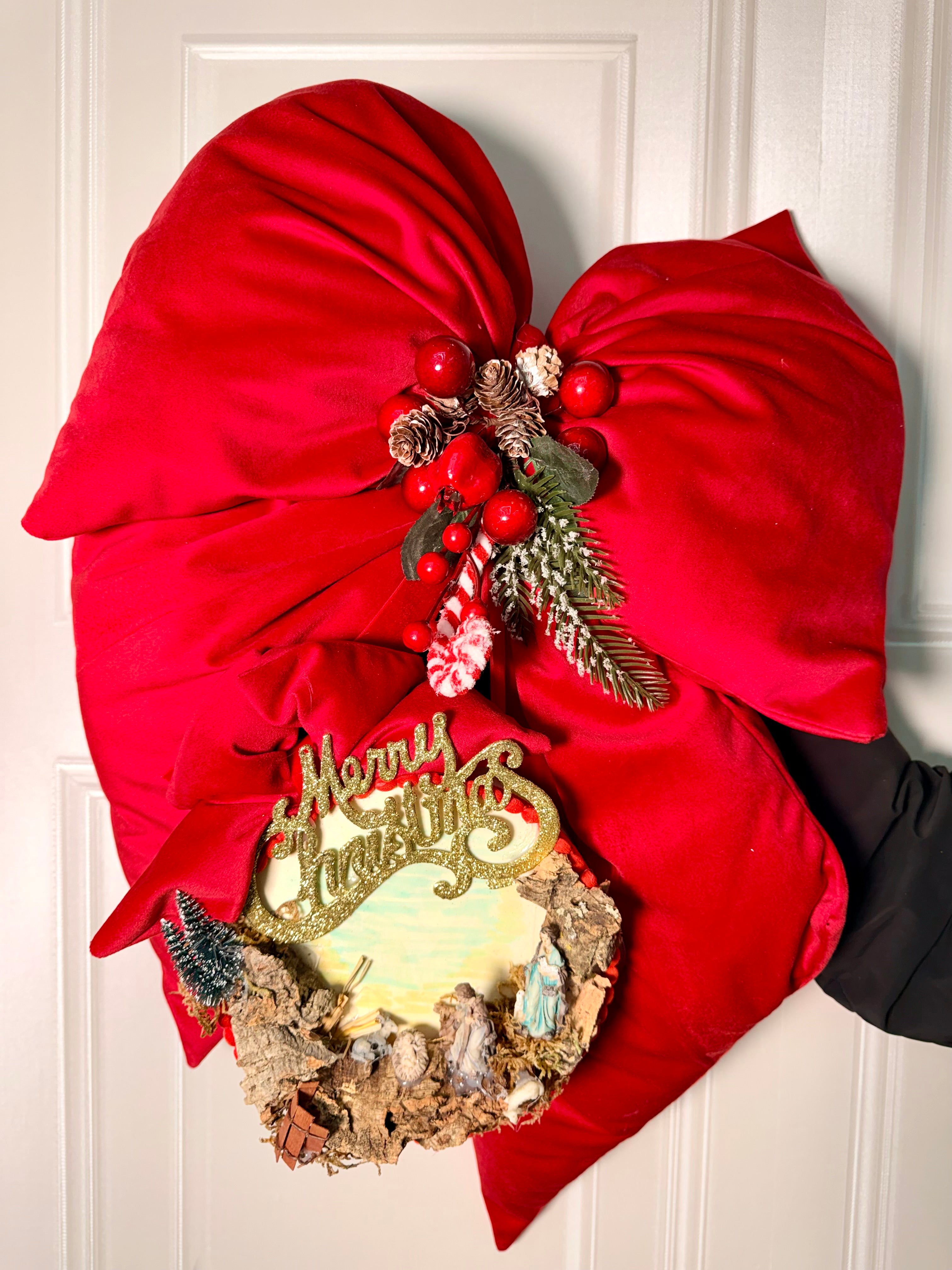 Fiocco decorativo per puntale albero o fuori porta con tamburello decorato a mano