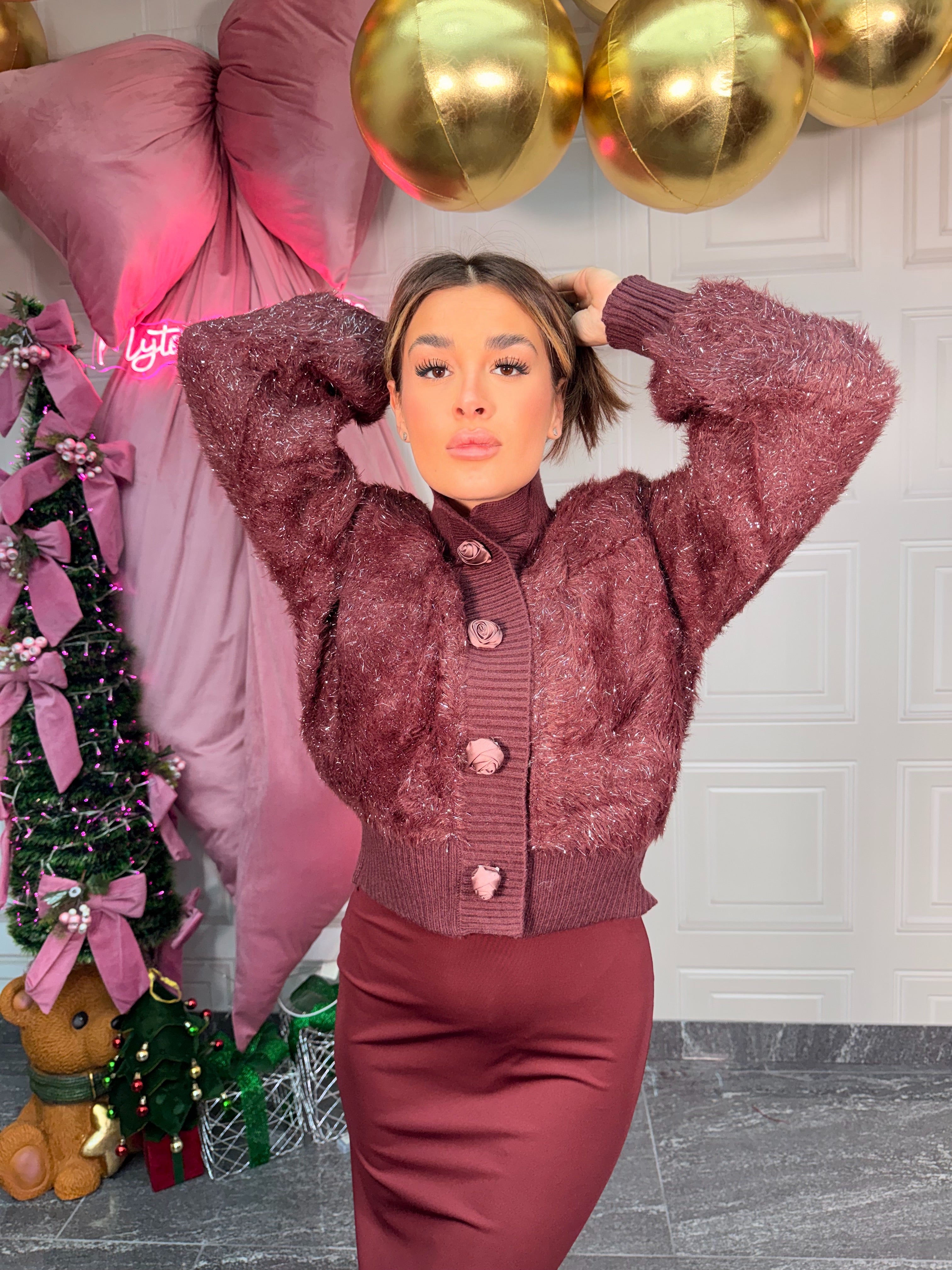 Cardigan in lurex con Rose a bottone