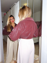 Giacca chiodo in ecopelle vellutata con stringhe, vinaccio