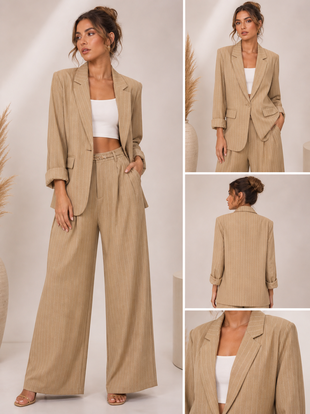 Tailleur gessato biscotto con cintura