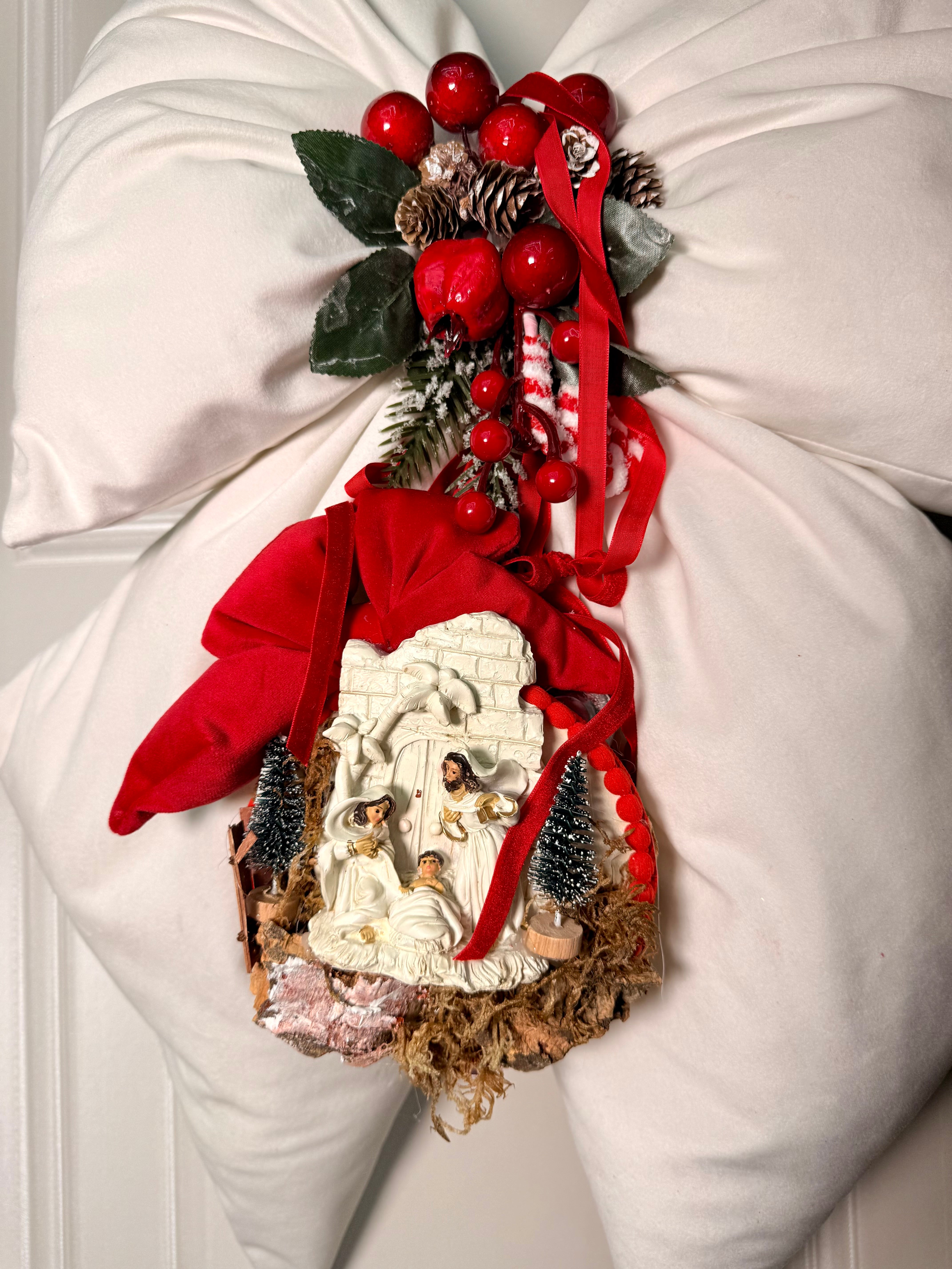 Fiocco decorativo per puntale albero o fuori porta con tamburello decorato a mano