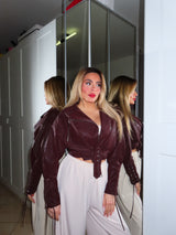 Giacca chiodo in ecopelle vellutata con stringhe, vinaccio