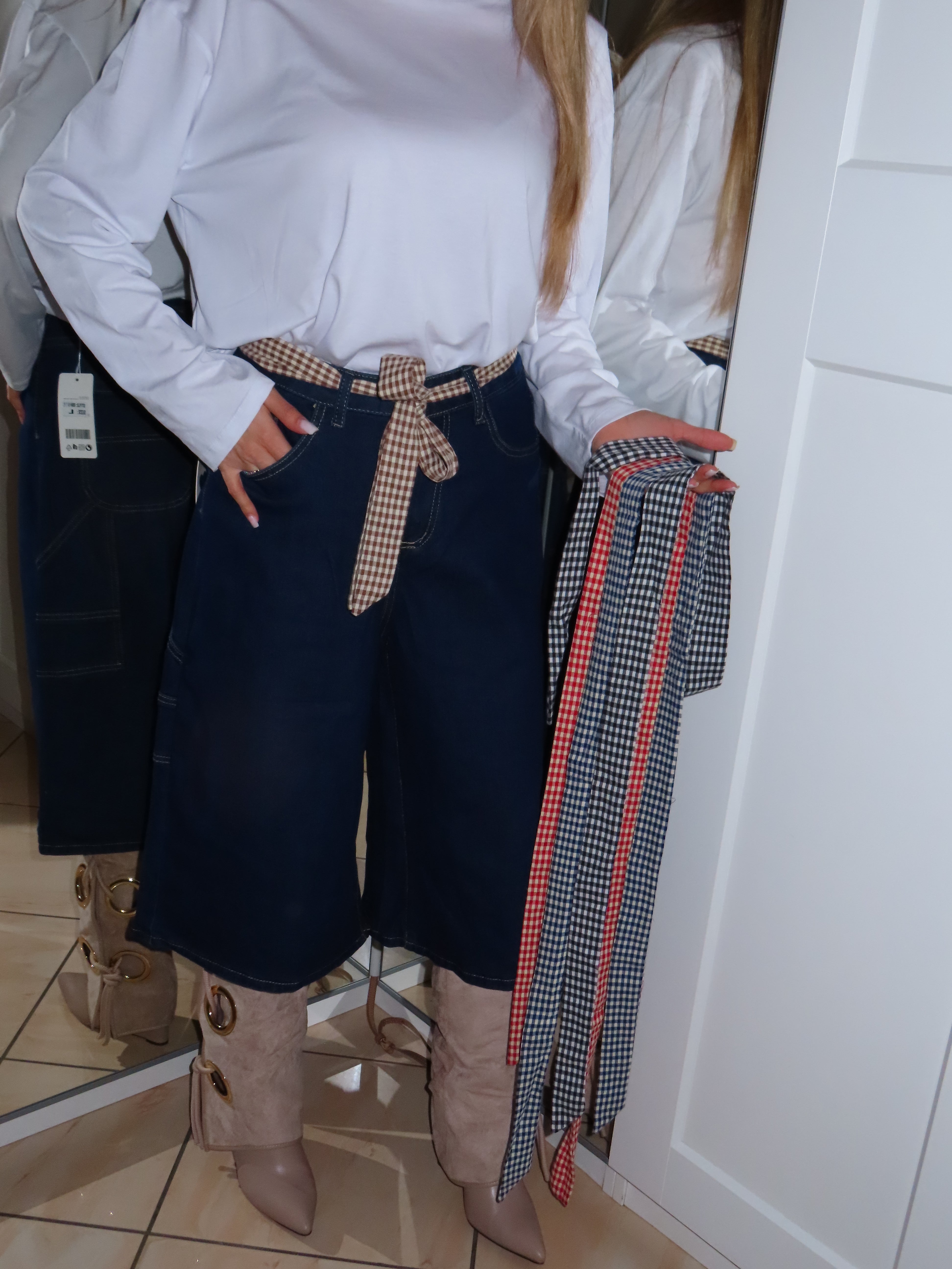 Bermuda in jeans con cintura a quadretti colore casuale