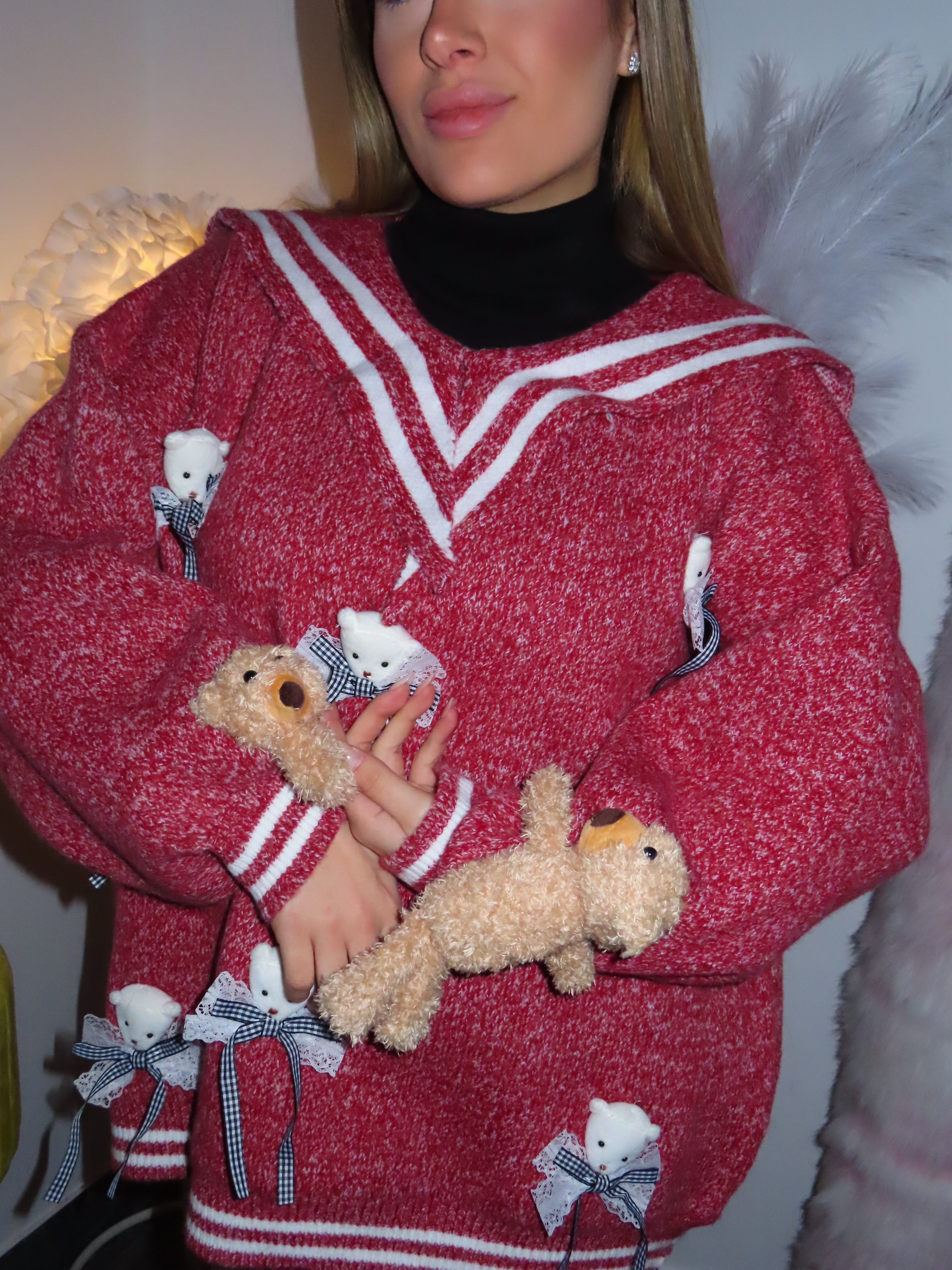 Maglione burgundy con peluche